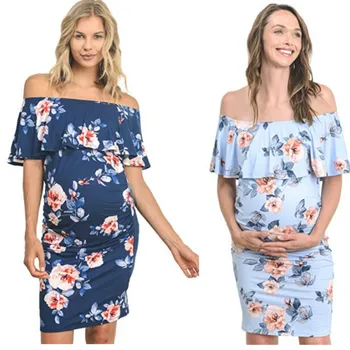 

Large Women's Shoulderless Elastic Slim Print Maternity Dress One-shoulder Casual Pregnant Mom's Dress