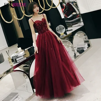 

Burgundy Evening Dresses ES3156 A-Line V-Neck Sequins Spaghetti Strap Elegant Formal Evening Gowns Vestido De Festa
