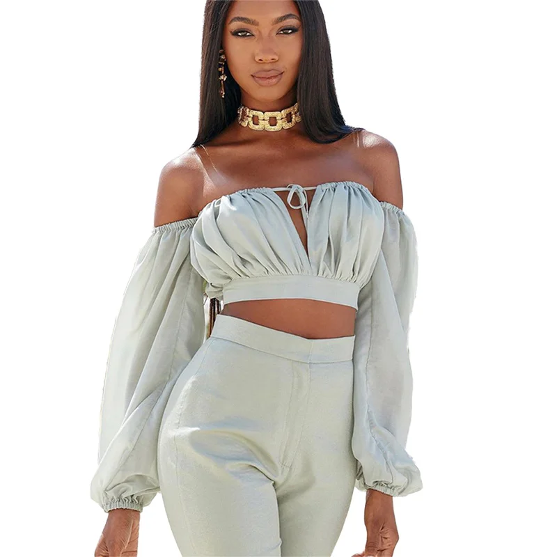 

Women Short Tops Long Lantern Sleeve Shirt Off Shoulder Cocktail Party Nightclub Ladies Top Sexy Fashion Solid Color Crop Shirt