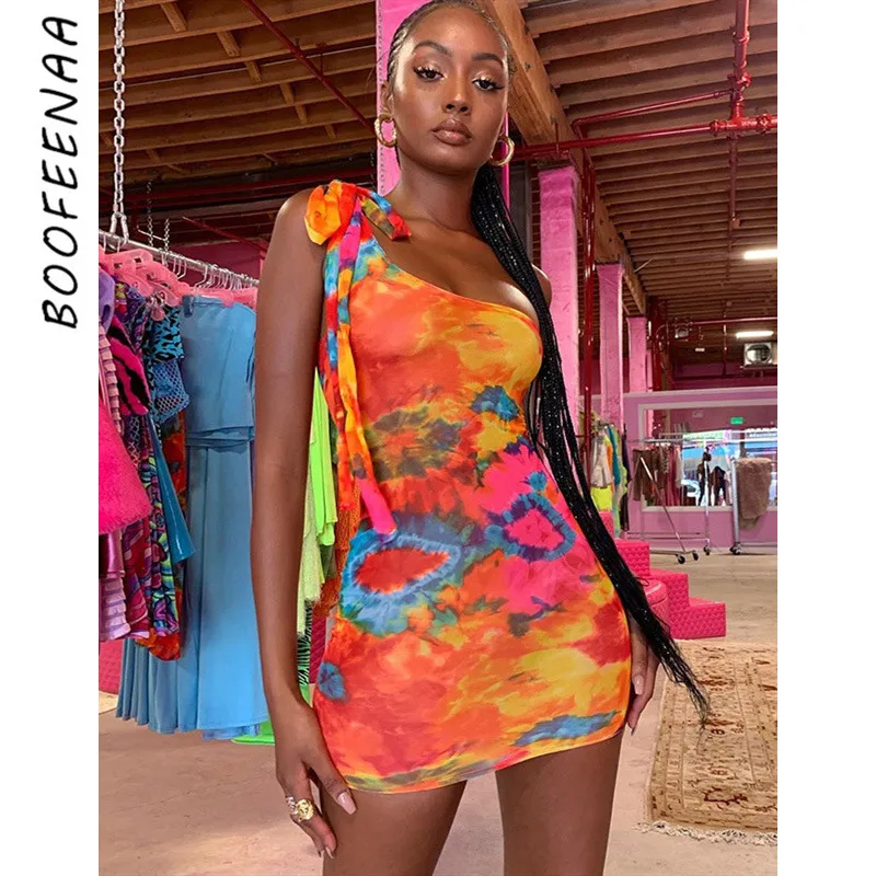 

BOOFEENAA Tie Dye Print One Shoulder Bodycon Short Dress Party Night Sexy Club Dresess for Women Clothing Fashionable C83-G92