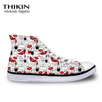 

THIKIN Lipstick High Heel Pattern Women's High-top Flats Canvas Shoes Leisure Cartoon Fashion Casual Lace Up Vulcanize Shoes