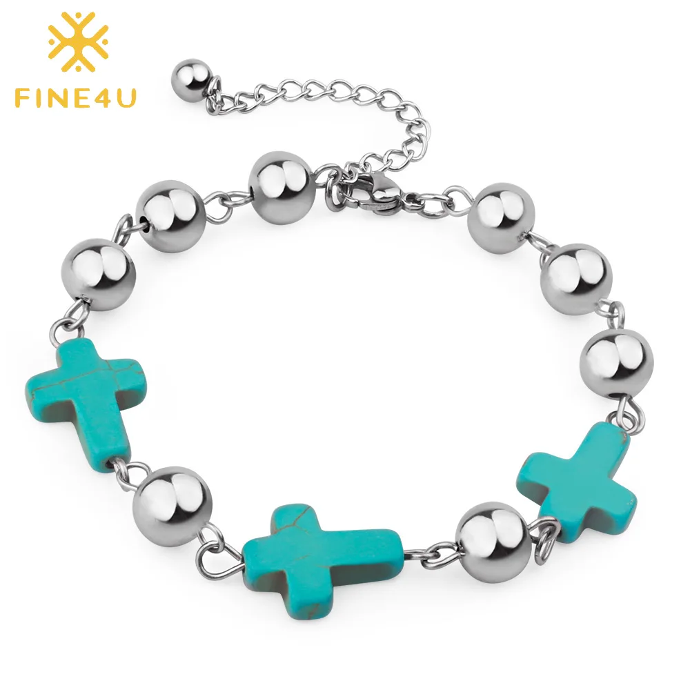 

FINE4U B182 Crucifix Cross Charms Bracelet Adjustable Stainless Steel Beaded Bracelets For Men Women Rosary Jewelry