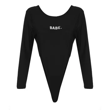 

Women Sexy High Waist Bodysuit Round Neck Long Sleeved Jumpsuit Solid Color Letter Skinny Body Mujer Casual Slim Bodysuits Black