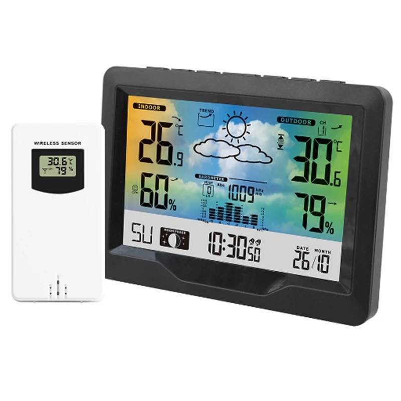 Wireless LCD Digital Weather Station Indoor Outdoor Thermometer Hygrometer  Wall Barometer MoonPhase Weather Forecast Alarm Watch