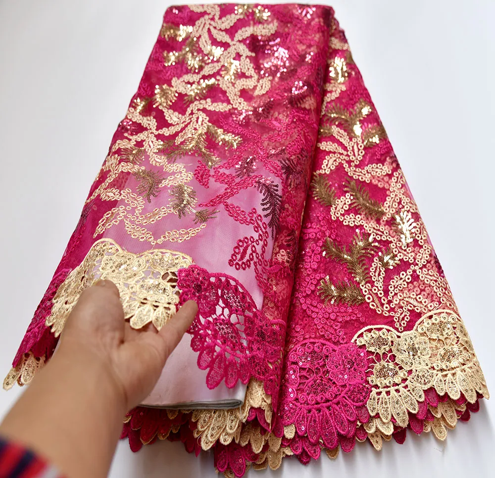 

2019 New Design Sequins Tulle Lace Fabric High Quality Fuchsia embroidered African french tulle lace fabrics With Sequins