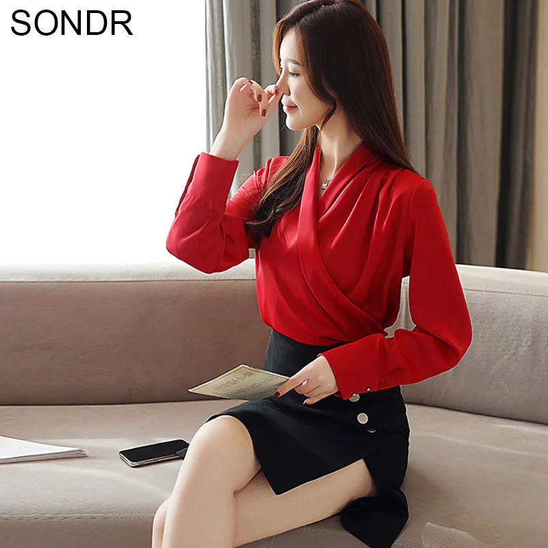 

Deep V-Neck Women Shirt Autumn Pure Color Tops Korean Version Chiffon Shirts Female Long Sleeve Elegant Office Lady Blouse Shi