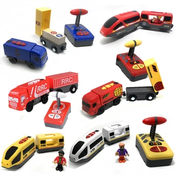 Remote control electric train and truck magnetic link compatible wood track Children remote control car toy Remote magnetic car 1