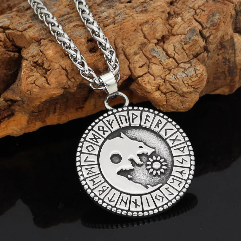 Nordic Viking Wolf Geri and Freki Rune Amulet Stainless Steel pendant necklace with Valknut Rune Gift Bag