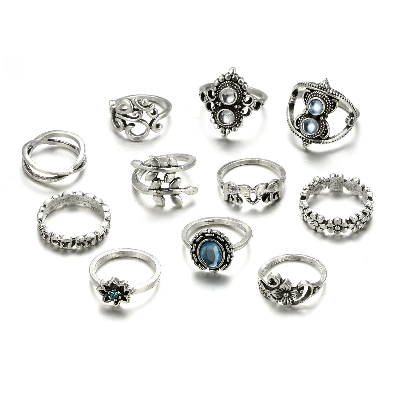 Anéis para As Mulheres Vintage Boho Geométrica Flor Conjunto Anel Da Junta Boêmio de Cristal Dedo Jóias Prata da Cor |