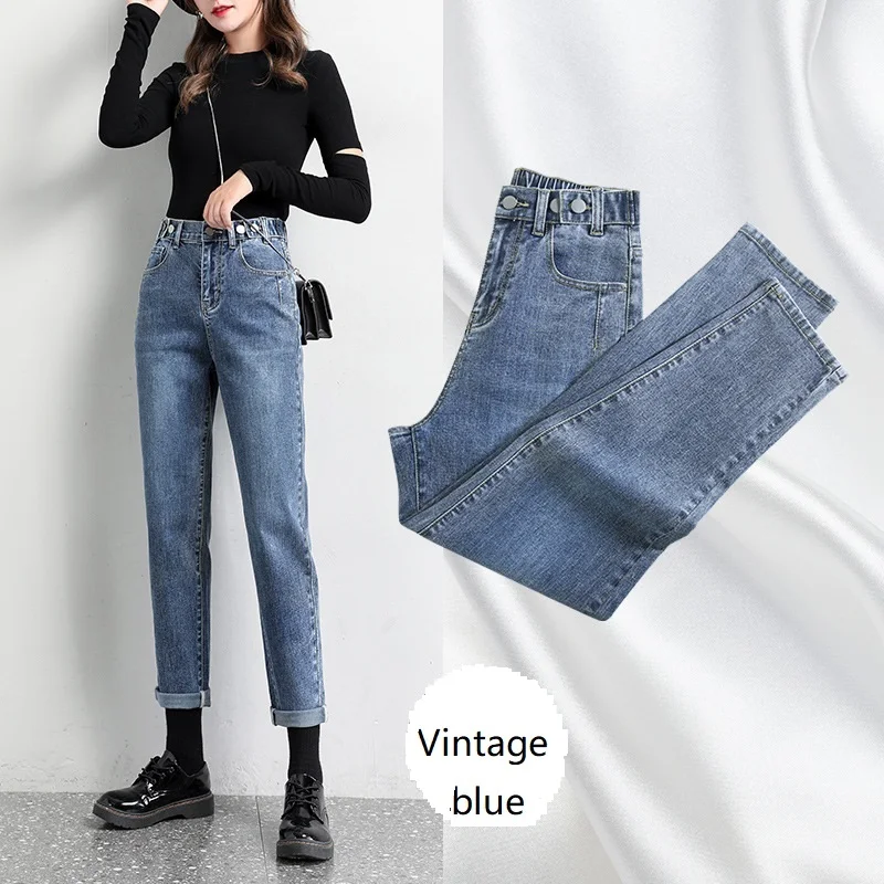 High Waist Baggy Mom Jeans Capri Slim Elastic Waist Harem Pants Button Fly Pockets Washed Ankle-Length Pants Fall 2020 Women High Waist Baggy Mom Jeans Capri Slim Elastic Waist Harem Pants Button Fly Pockets Washed Ankle-Length Pants Fall 2020 Women