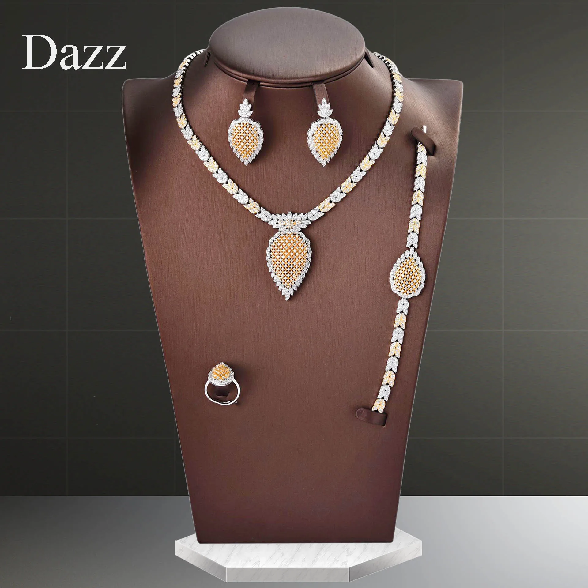 Dazz модные роскошные 4 шт два цвета Африканский полный кубический циркон ожерелье серьги ювелирный набор женские свадебные аксессуары из Дубая невесты