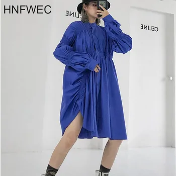 

2020 new turn-down collar puff sleeves pleated drawstring pleated blue shirt female asymmetrical blouse V514