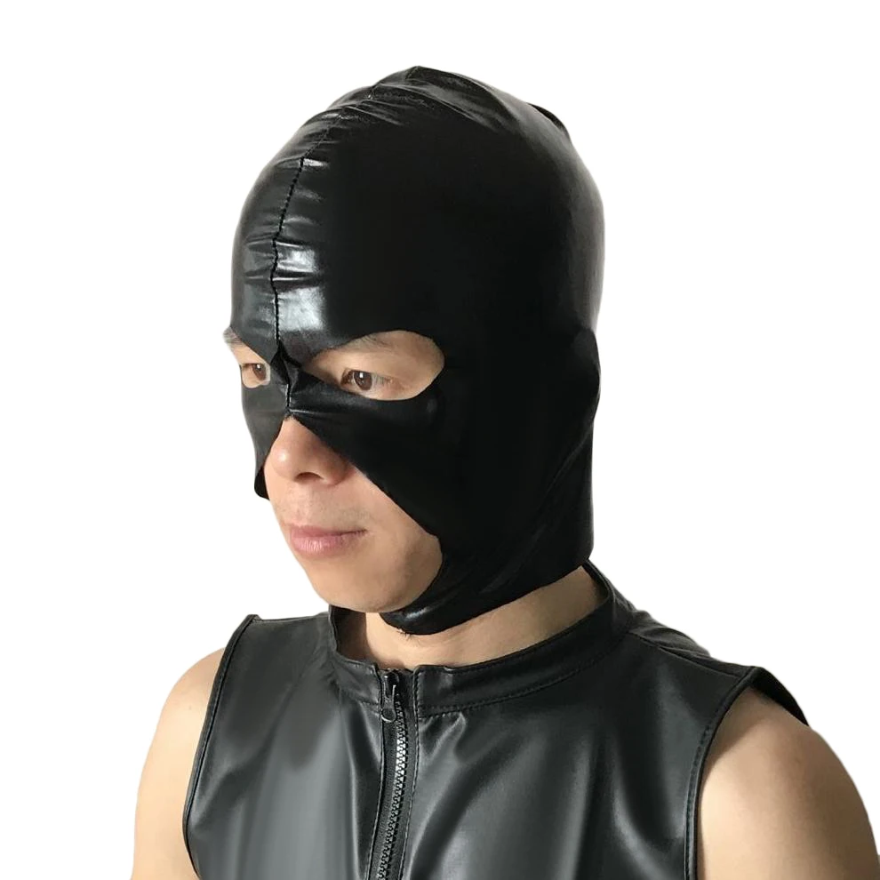 Wet Look PVC Black Mask Spandex Full Head Hood Cosplay Costume Clubwear 3 Holes 