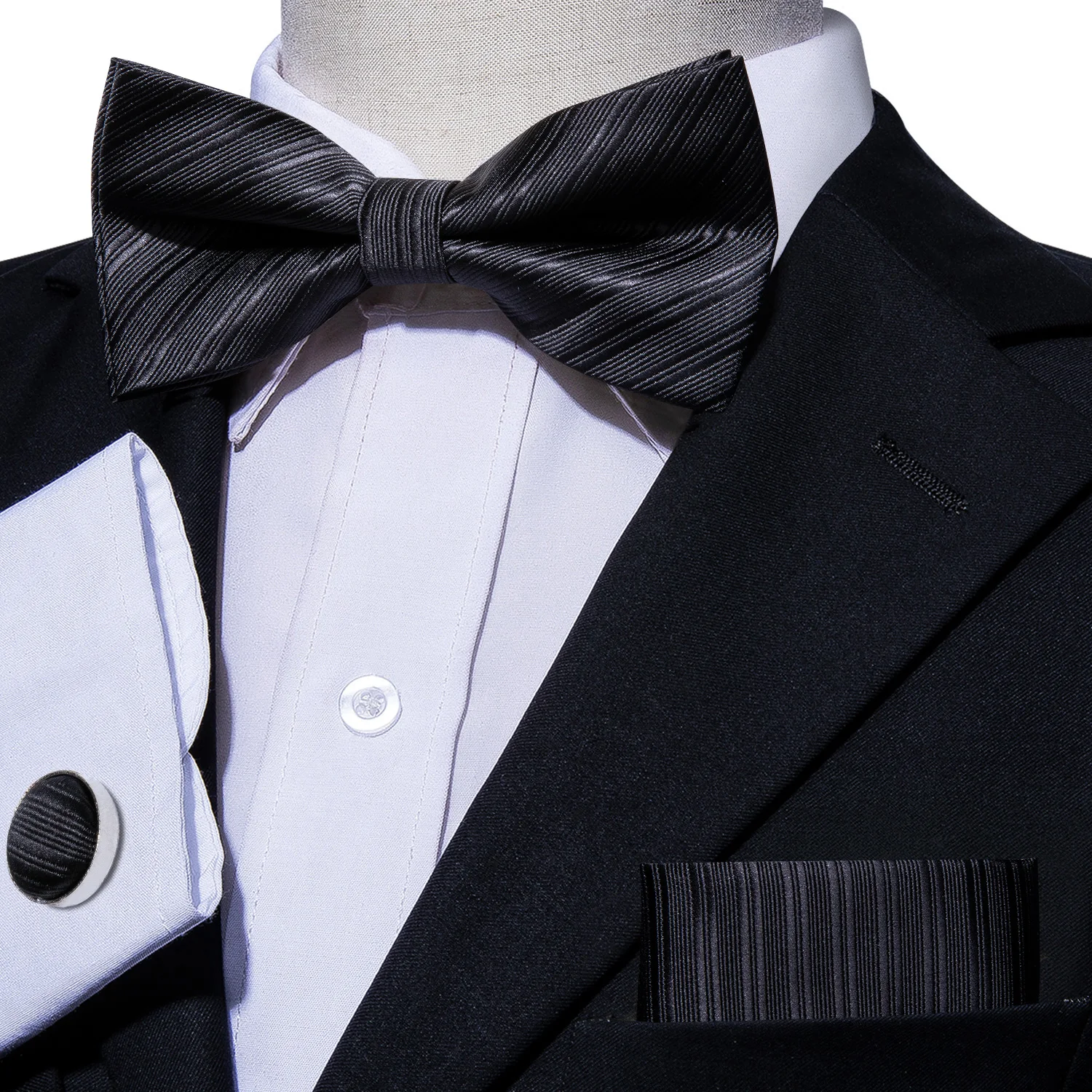 New formal men/'s pre tied Bow tie /& Pocket Square Hankie stripes white wedding