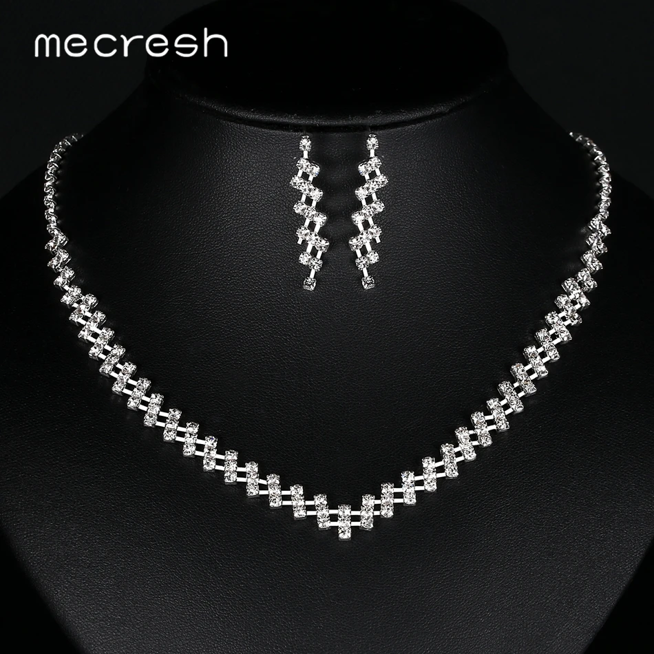 

Mecresh Silver Color Bridal Wedding Jewelry Sets Cute Geometric Wave Rhinestone Necklace Earrings Set Gifts for Women MTL610