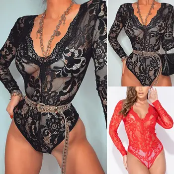 

Women Solid Sexy Lace Casual Long Sleeve Bodysuit Jumpsuit Romper Jumper Leotard Round Neck Bodysuit