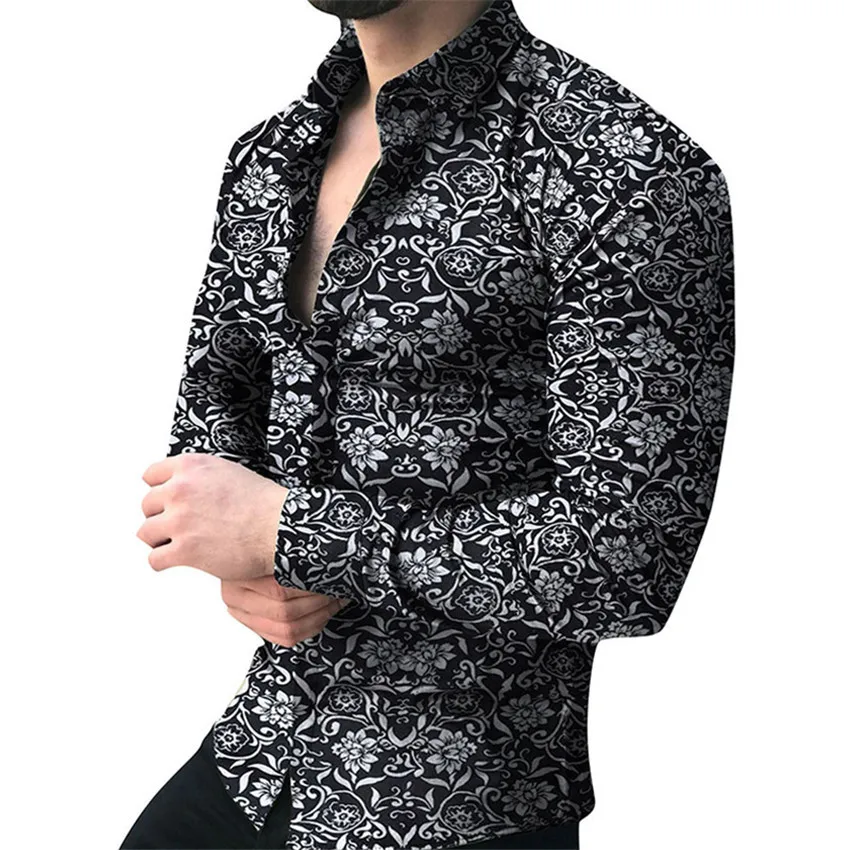 Блузка мужские рубашки с длинным рукавом Повседневная модная мужская верхняя блуза с принтом Мужская одежда рубашки мужские Весна Осень рубашка с цветочным принтом