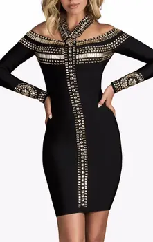 

Top Quality Black Long Sleeve Mantual Beading Rayon Bandage Dress Party Bodycon Dress