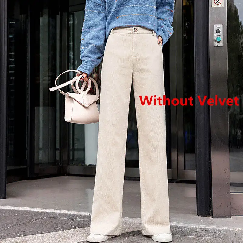 khaki without velvet Элегантные вельветовые широкие брюки для женщин осень зима плюс бархат прямые брюки с высокой талией длинные брюки теплые брюки для женщин C6020 - Цвет: khaki without velvet