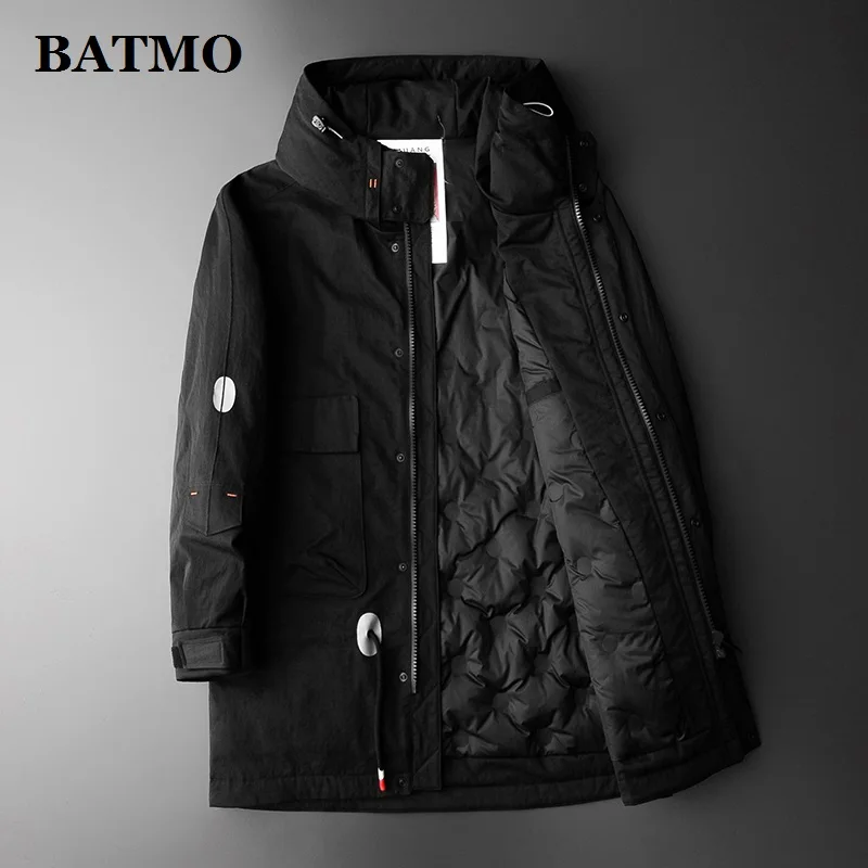 BATMO 80% Белые куртки с капюшоном на утином пуху, мужские длинные пальто, длинные куртки, зимнее Мужское пальто, размер M-4XL 8896 - Цвет: Черный