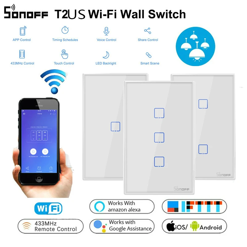 Интеллектуальный выключатель света SONOFF T2US TX Smart Wifi сенсорный настенный выключатель света с границы умный дом 1/2/3 433 RF/Голосовое управление/приложение Управление с Alexa Google