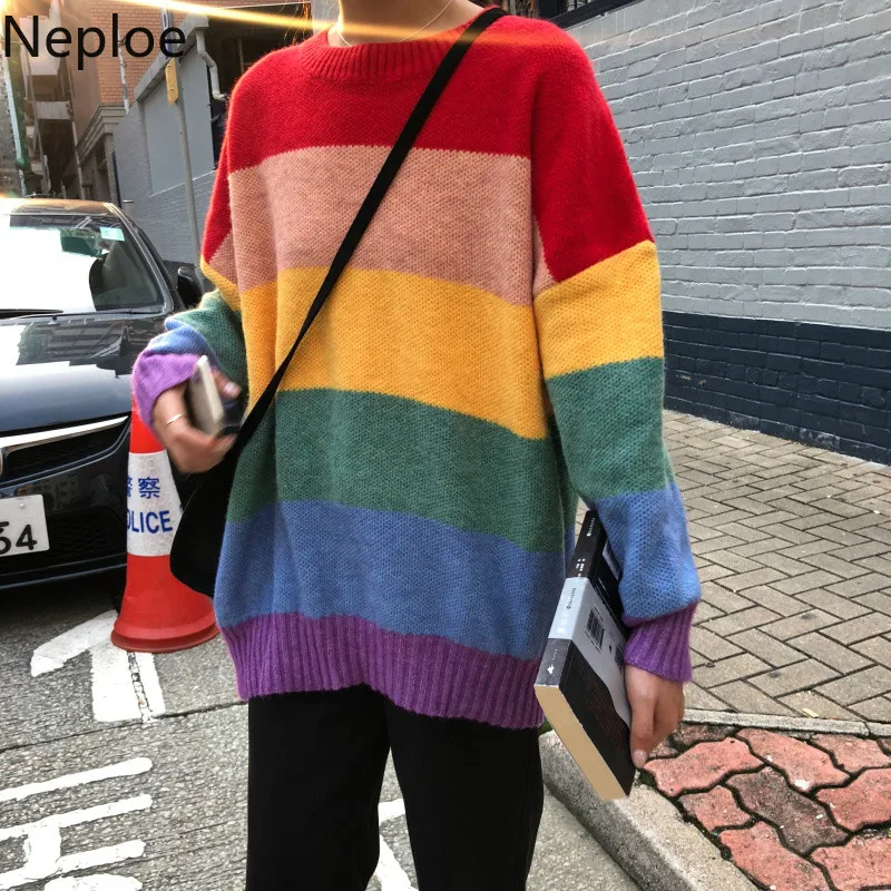 

Neploe Women Pullovers and Sweaters 0-neck Colorful Striped Loose Jumpers Long Sleeve Oversized Korean Sweaters Loose Tops 54138