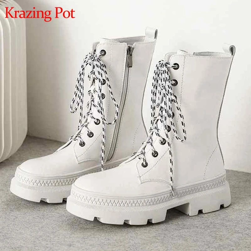 

krazing pot new recommend full grain leather solid round toe rock punk design western platform boots lace up mid-calf boots L5f2