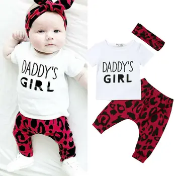 

0-18M Infant Baby Girl Clothes Letter Short Sleeve Tops T-shirts+Leopard Pants Trousers+Headband 3Pc Summer Newborn Girls Outfit