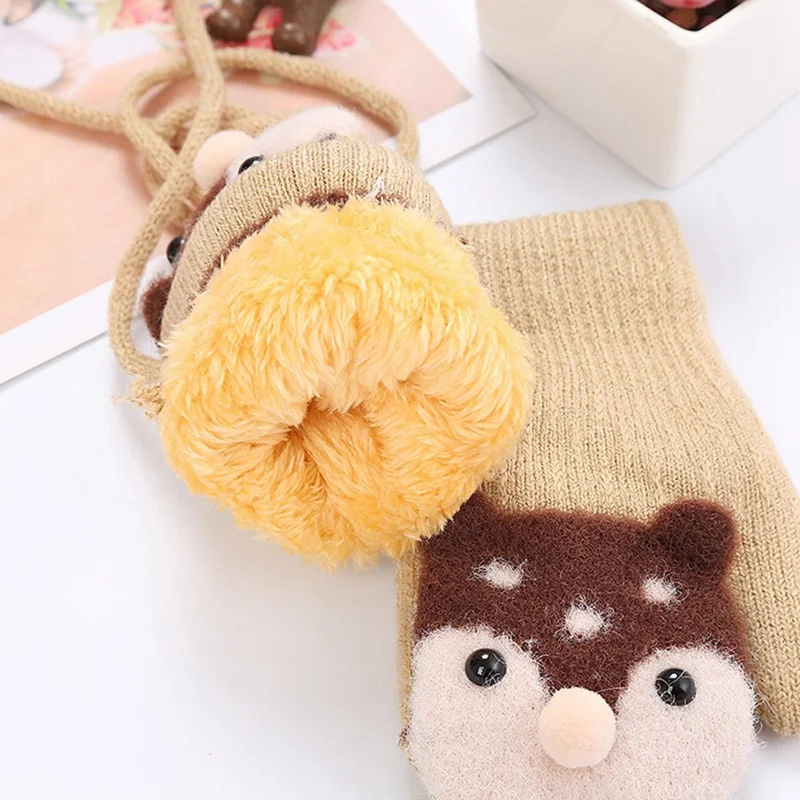 Cute Deer Gloves with Sound Winter Knit Wool Newborn Mittens Velvet Thick Children Kids Keep Finger Warm 0-4 Years Old