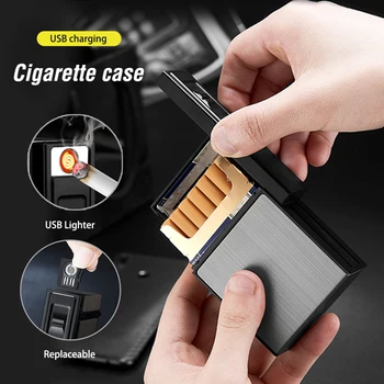 

Portable Cigarette Case Box Lighter Metal USB Electronic Lighter with Remove Tungsten Turbo Lighter 20pcs Cigarette Holder Case