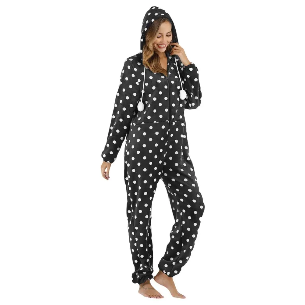 

Dots Print Women Onesie Flannel Zipper Hood Jumpsuit Pajamas Full Sleeve Casual Pyjamas Autumn Winter Adult Female Nightgown