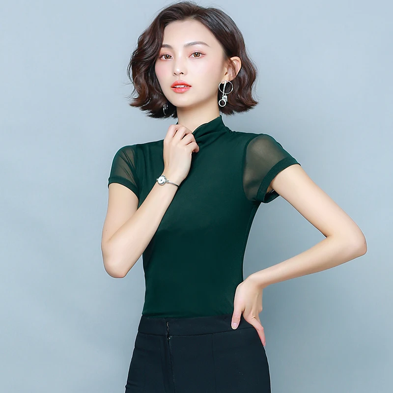 Korean Women Blouses Women Shirts Elegant Woman Mesh Blouse Stretch Shirt Plus Size Womens Tops and Blouses Short Sleeve Blouse