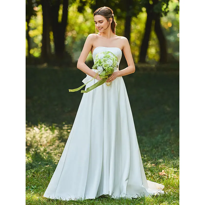 

Tanpell Charming Wedding Dress Strapless Bowknot Woman Party Gown Floor Length A-Line Wedding Dress