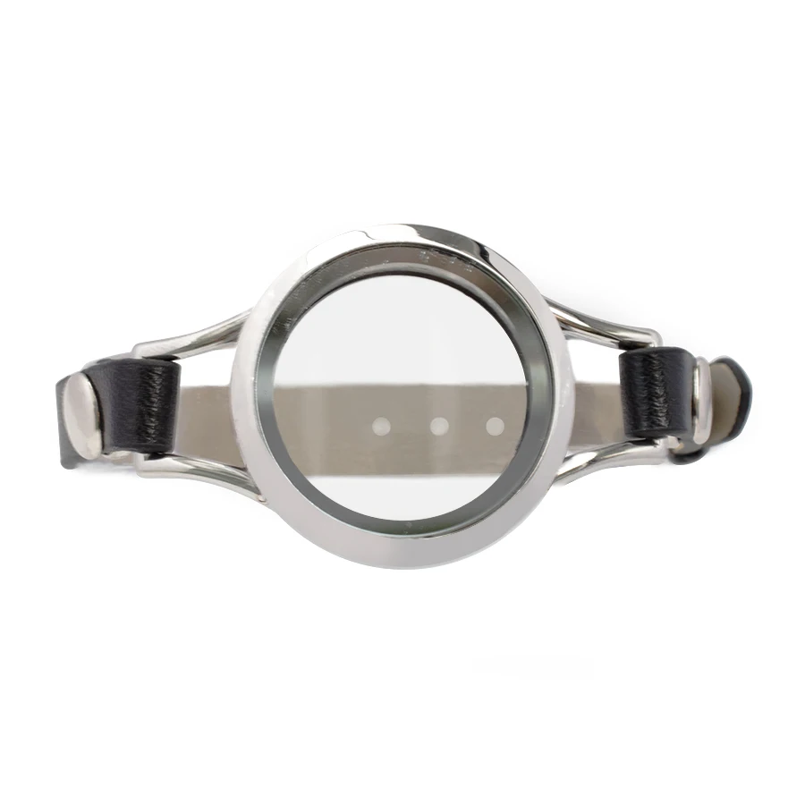1pc 316L stainless steel floating glass locket with black real leather bracelet 6