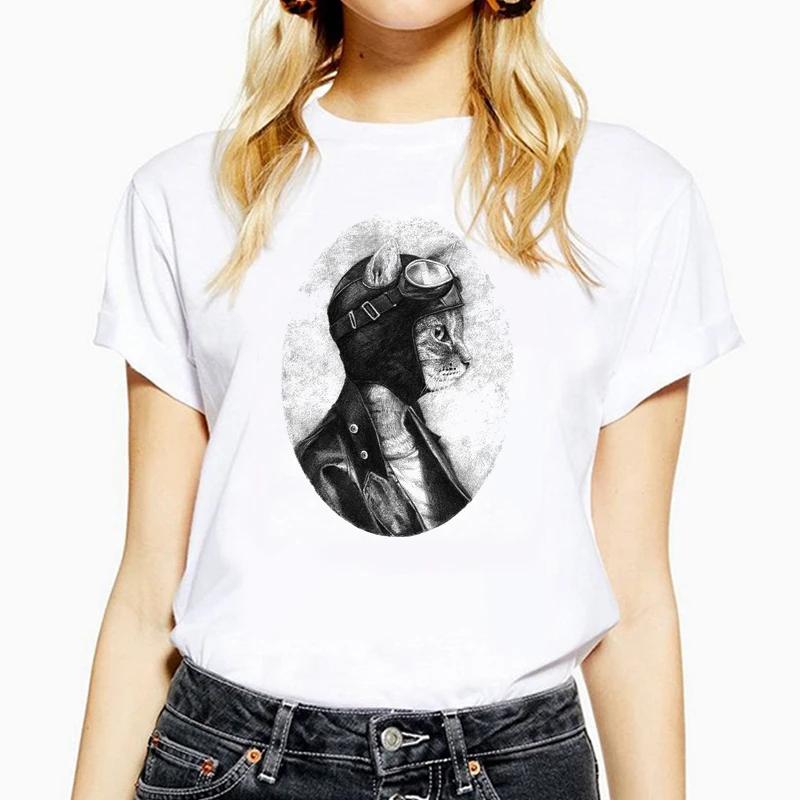 Women's Funny Cat Pilot Print T-Shirt, White Casual Short Sleeve O-Neck T-Shirt, Retro Style, Summer Clothing