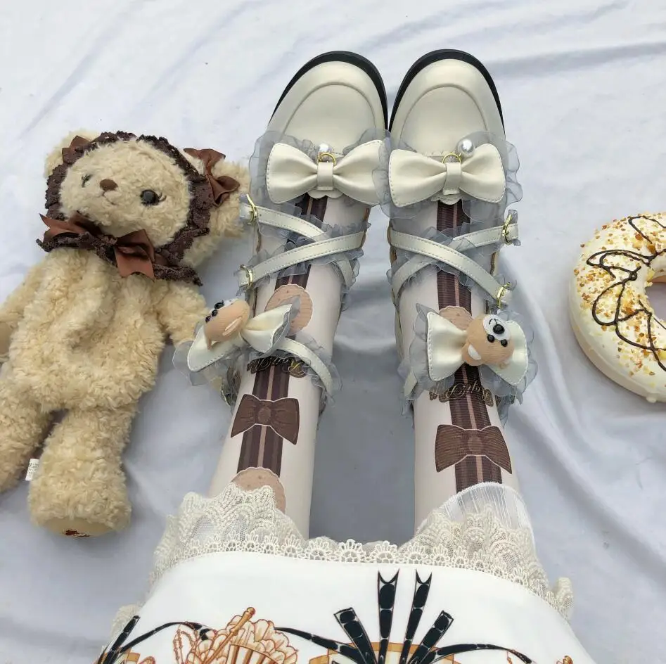 Японский kawaii для девочек; милые туфли в стиле «Лолита» в винтажном стиле; круглый носок; удобная женская обувь милый кружевной бант с перекрестными ремешками обувь kawaii - Цвет: heel height 3cm