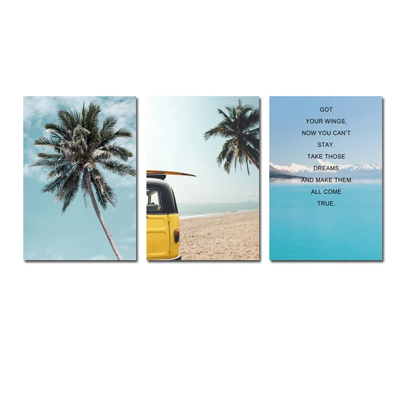 Beautiful-Natural-Scenery-Canvas-Painting-Palm-Tree-Sea-Beach-Yellow-Car-Posters-And-Prints-Wall-Pictures (8)