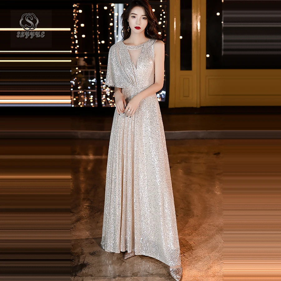 

Skyyue Evening Gown 2019 New Half-sleeve O-neck Robe De Soiree K005 Floor Length Sequin Formal Dresses One Shoulder Evening Gown