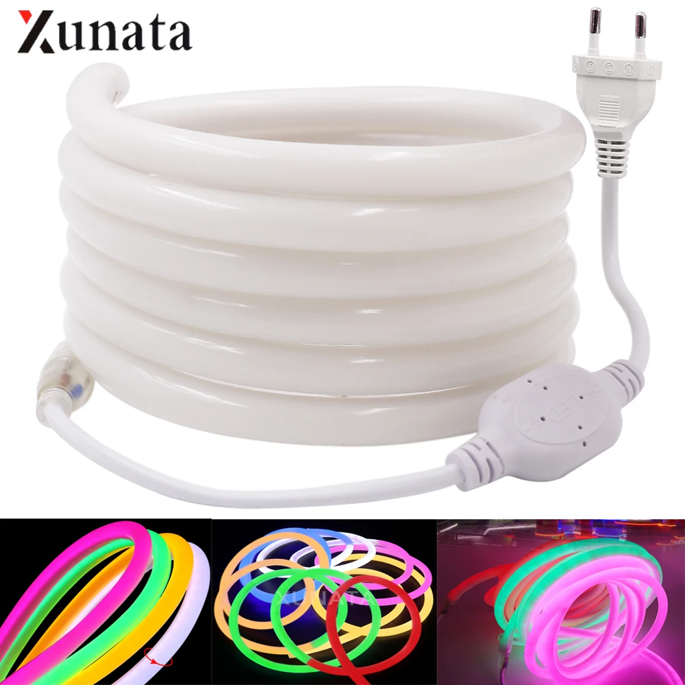 

220V 230V 240V LED Strip Light Flexible Round Tube Neon LED Tape SMD2835 120LEDs/M 14MM Waterproof LED Neon Sign Rope EU Plug