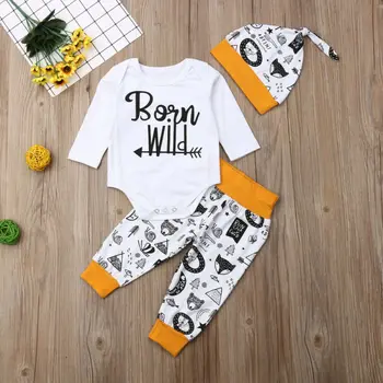 

3Pcs Newborn Baby Boy Autumn Clothes Long Sleeve Romper Cartoon Animal Print Pants Hat Outfit Set