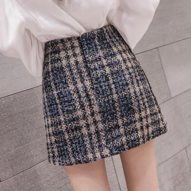 Шерстяные клетчатые мини-юбки женские осенне-зимние корейские элегантные твидовые короткие юбки женские с высокой талией Необычные jupe женские юбки