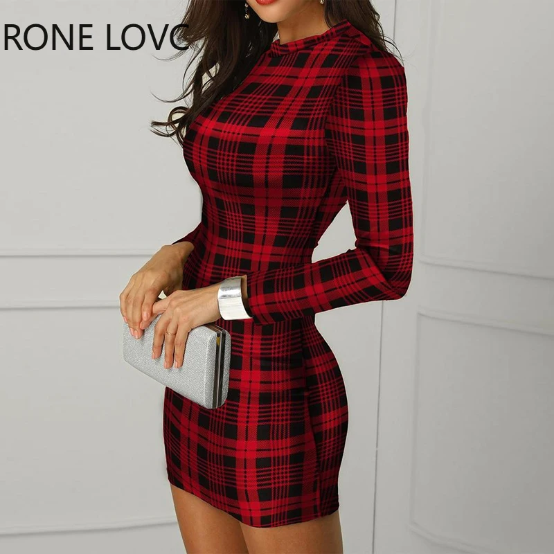 Women Plaid Long Sleeve Bodycon Dress 