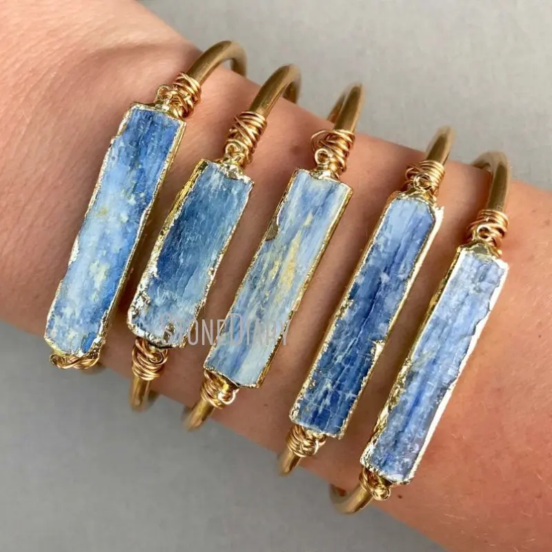 

BM11244 Recatngle Blue Kyanite Bar Cuff Women Gold Color Denim Bridesmaid Gift Bangle Natural Gemstone Bracelet