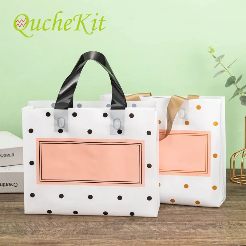 

50PCS White Round Dots Pink Plastic Bag Shopping Jewelry Clothing Packaging Thick Large Cosmetic Gift Bag With Handle