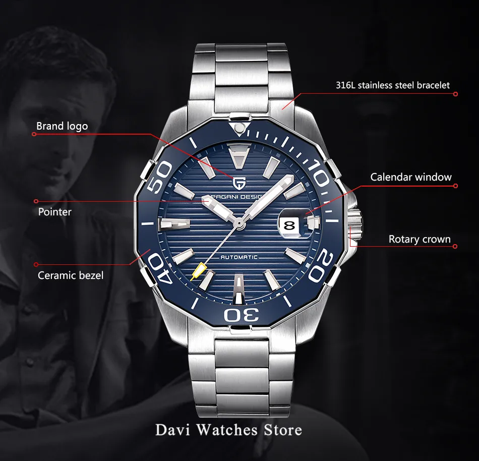Pagani дизайнерские механические часы мужские часы 47,6 мм роскошный стиль Дата синий циферблат нержавеющая сталь автоматические часы