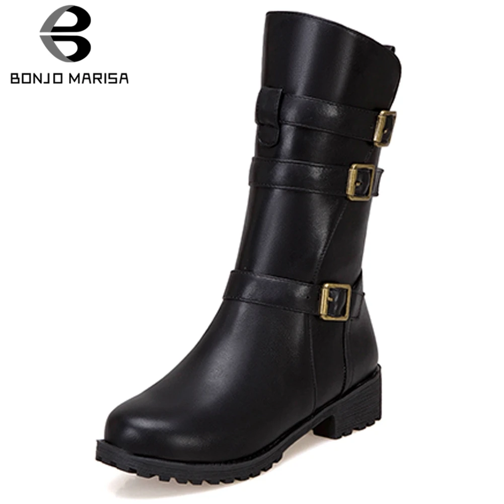

BONJOMARISA New 34-43 High Top Booties Ladies Black non-slip mid-calf Boots Women 2019 Elegant Casual Low Heels Shoes Woman