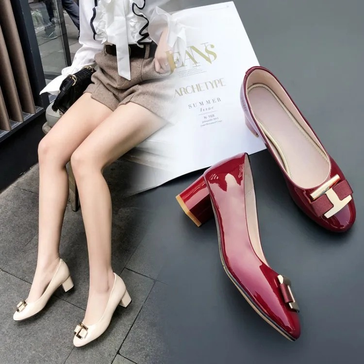 

Liner Full Leather Pq726-1 Simple Versatile Solid Color Thick with High Heels Belt Buckle Shoes