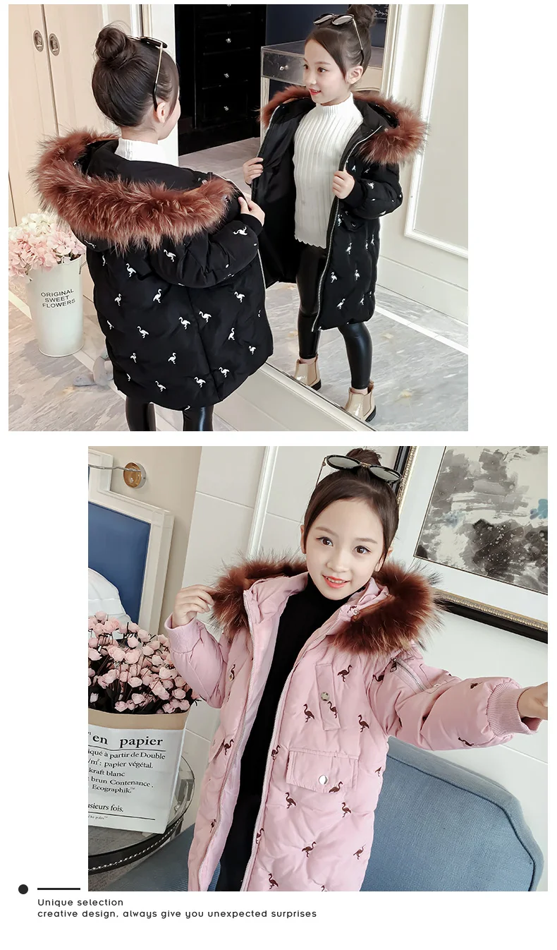 Детская зимняя куртка для девочек, теплая верхняя одежда с капюшоном, пальто, утепленная куртка, детская одежда, зимние парки с фламинго, одежда для больших девочек