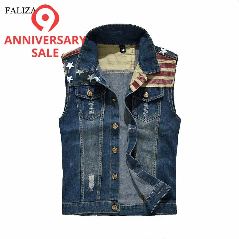 FALIZA Новый плиссированный дизайнерский мужской джинсовый жилет с дырками