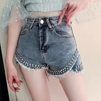 

Summer 2020 Women's High Waist Hip Horn Shorts Diamond Set Irregular Slimming Burr Jeans Plus Size High Waist Shorts Harajuku